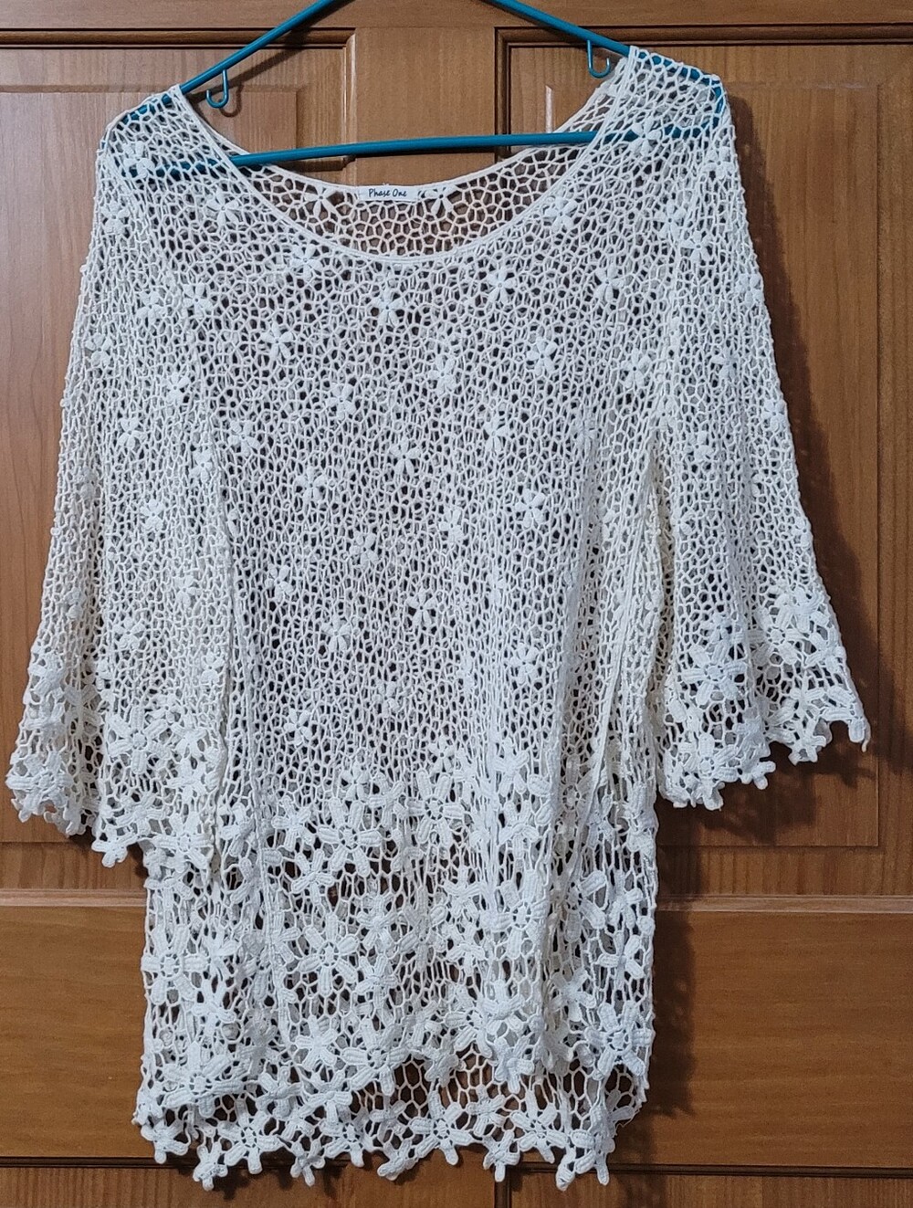 Phase One Womens Floral Crochet Overlay Top Sz S/M Cream Daisy Boho Chic Beachy